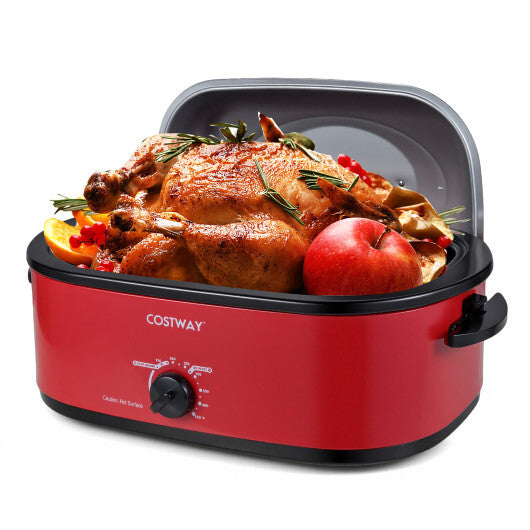 18QT Electric Roaster Oven with Self-Basting Lid Turkey Roaster with Removable Pan Red