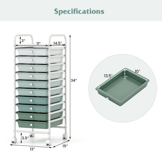 Costway 10 Drawer Rolling Storage Cart Organizer with 4 Universal Casters-Green