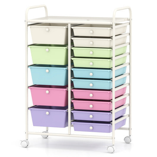 Costway 15-Drawer Utility Rolling Cart with Drawers Multi-Use Storage-Icecream Multicolor