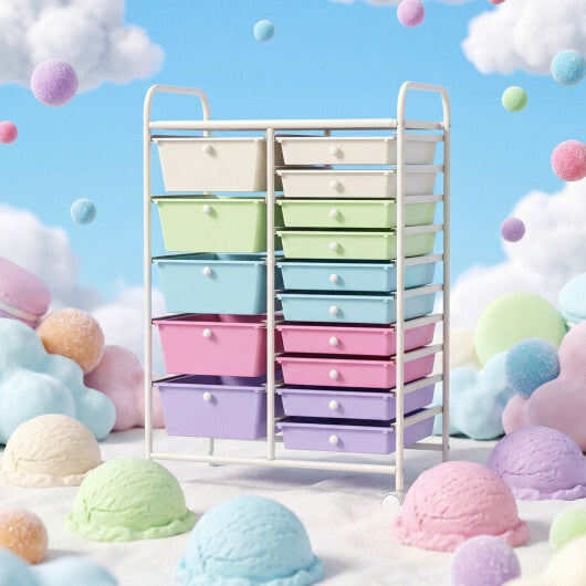 Costway 15-Drawer Utility Rolling Cart with Drawers Multi-Use Storage-Icecream Multicolor