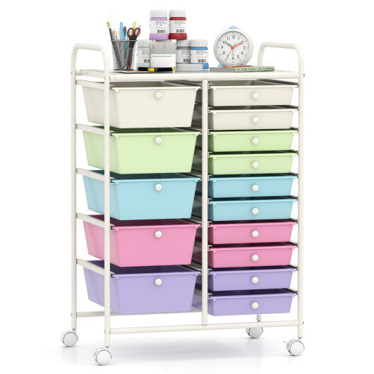 Costway 15-Drawer Utility Rolling Cart with Drawers Multi-Use Storage-Icecream Multicolor