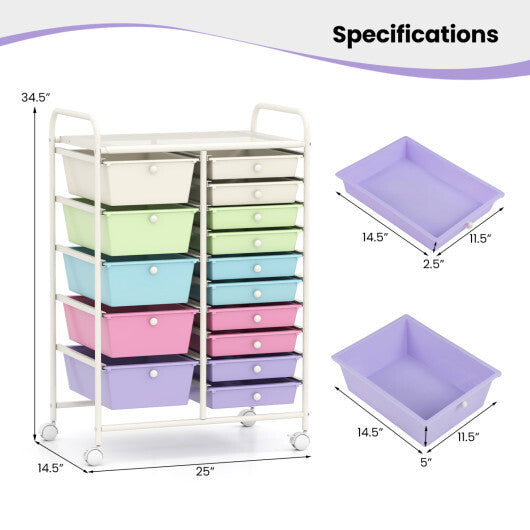 Costway 15-Drawer Utility Rolling Cart with Drawers Multi-Use Storage-Icecream Multicolor