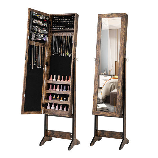 Costway Mirrored Standing Jewelry Cabinet Storage Box Brown