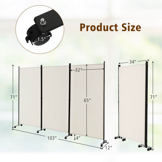 3-Panel Folding Room Divider 6Ft Rolling Privacy Screen with Lockable Wheels White