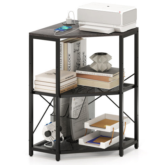 Corner Printer Stand with Power Outlet 3-Tier with Adjustable Shelf Black