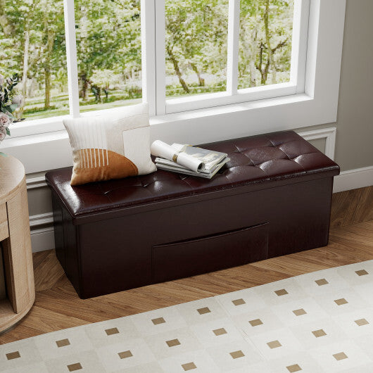 43 Inches Folding Storage Ottoman Bench Foot Rest Stool End of Bed Bench Brown