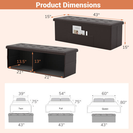 43 Inches Folding Storage Ottoman Bench Foot Rest Stool End of Bed Bench Brown