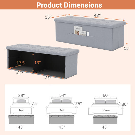 43 Inches Folding Storage Ottoman Bench Foot Rest Stool End of Bed Bench Gray