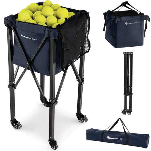 Costway Lightweight Foldable Tennis Ball Teaching Cart with Wheels and Removable Bag-Blue