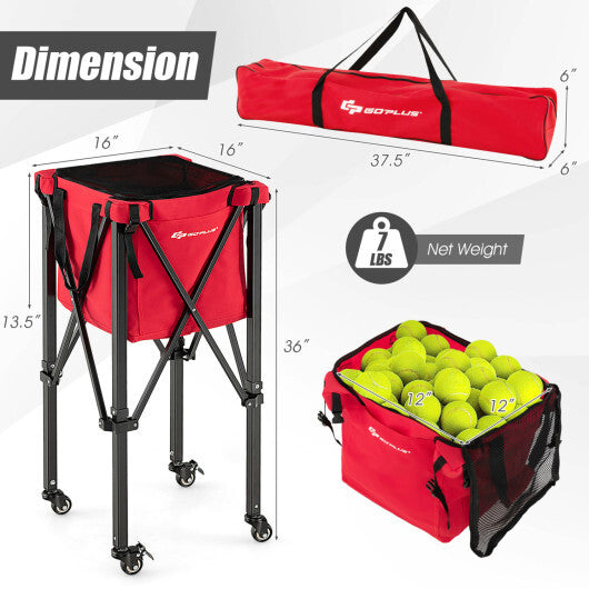 Costway Lightweight Foldable Tennis Ball Teaching Cart with Wheels and Removable Bag-Red