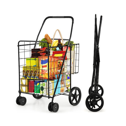 Folding Shopping Cart Jumbo Basket Grocery Laundry with Swivel Wheels Black