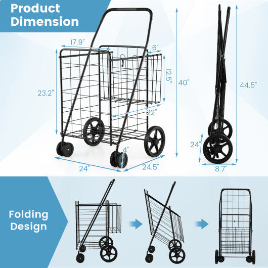 Folding Shopping Cart Jumbo Basket Grocery Laundry with Swivel Wheels Black