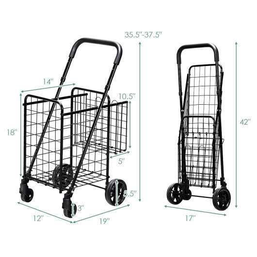 Folding Shopping Cart Jumbo Basket Rolling Utility Trolley Adjustable Handle