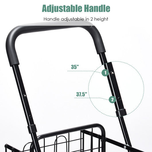 Folding Shopping Cart Jumbo Basket Rolling Utility Trolley Adjustable Handle