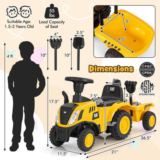 Kids Ride on Tractor Licensed Caterpillar with Detachable Trailer No Power Yellow