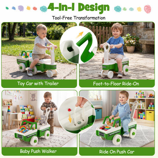 Costway 4 in 1 Ride on Push Car with Music and Under-Seat Storage for Boys Girls-Green