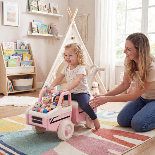 Costway 4 in 1 Ride on Push Car with Music and Under-Seat Storage for Boys Girls-Pink