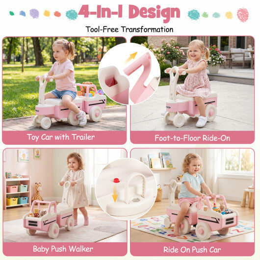 Costway 4 in 1 Ride on Push Car with Music and Under-Seat Storage for Boys Girls-Pink