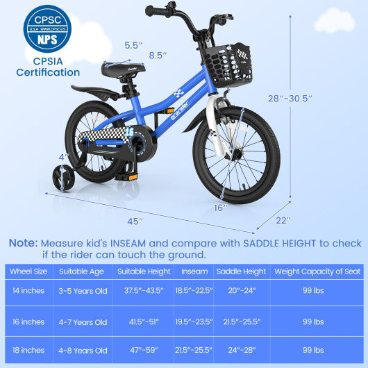 Costway 16'' Kid's Bike with Removable Training Wheels & Basket for 4-7 Years Old Blue