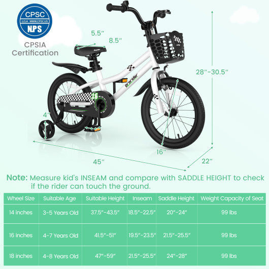 Costway 16'' Kid's Bike with Removable Training Wheels & Basket for 4-7 Years Old White
