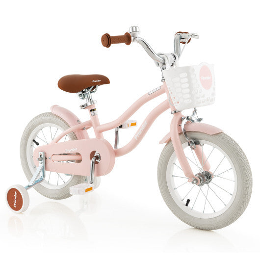 Costway 14'' Kid's Bike with Removable Training Wheels & Basket for 3-5 Years Old Pink