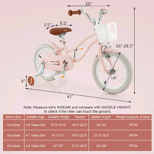 Costway 14'' Kid's Bike with Removable Training Wheels & Basket for 3-5 Years Old Pink