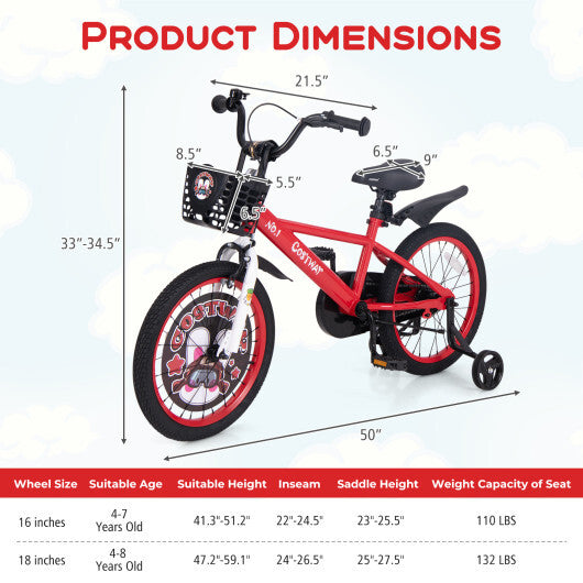 18 Inch Kids Bike Adjustable with Storage Basket and Double Brake for 4-8 Years Old Red