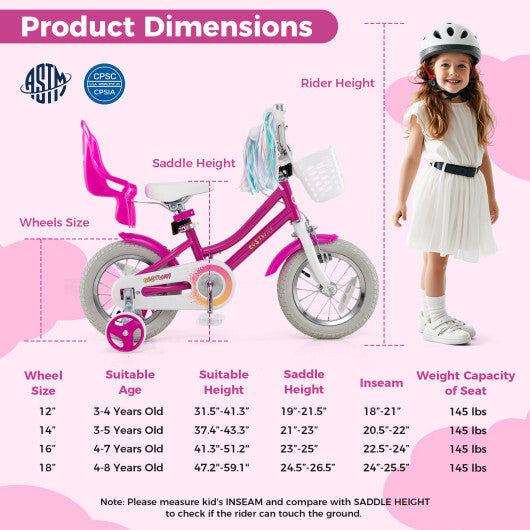 Costway Kids Bike 12 Inch with Training Wheels and 2 Brake System for 3-4 Years Old Rose Red