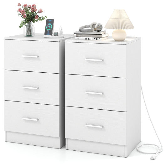 Set of 2 Nightstand with Charging Station End Table with 3 Storage Drawers Bedside Table for Bedroom-White
