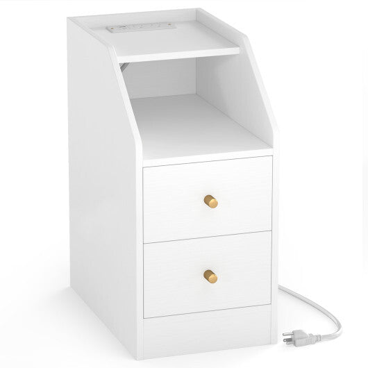 Side End Table with Charging Station Sofa Couch Table with Shelf Drawers-White