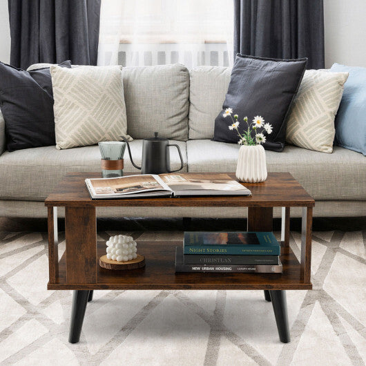 Costway Compact Retro Mid-Century Coffee Table with Storage Open Shelf-Rustic Brown