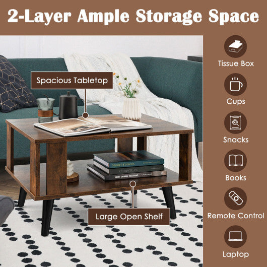 Costway Compact Retro Mid-Century Coffee Table with Storage Open Shelf-Rustic Brown
