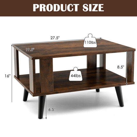 Costway Compact Retro Mid-Century Coffee Table with Storage Open Shelf-Rustic Brown