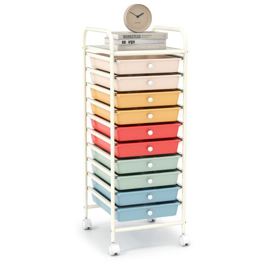 Costway 10 Drawer Rolling Storage Cart Organizer with 4 Universal Casters-Macaron Multicolor