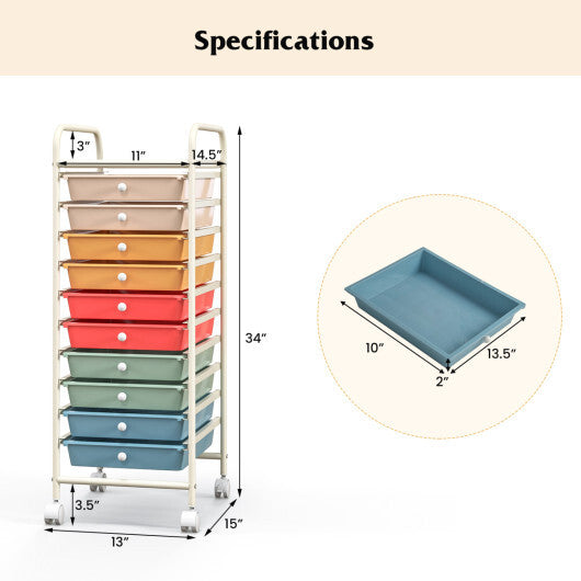 Costway 10 Drawer Rolling Storage Cart Organizer with 4 Universal Casters-Macaron Multicolor