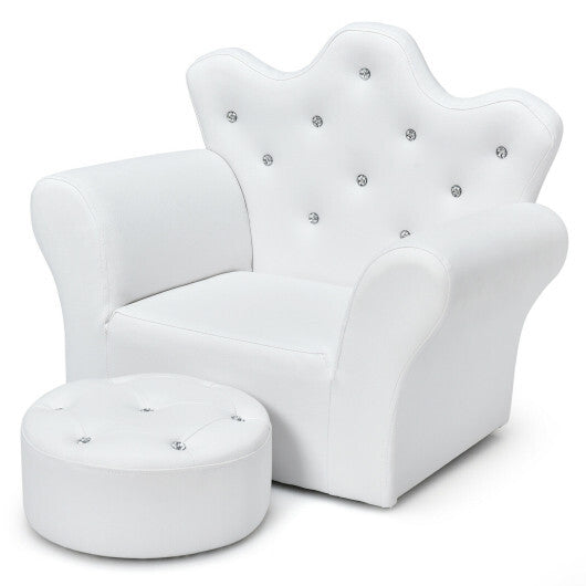 Costway Children Upholstered Princess Sofa with Ottoman and Diamond Decoration for Boys and Girls-White