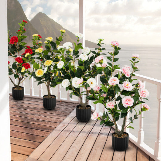 38 Inch Artificial Camellia Tree Faux Flower Plant in Cement Pot-Pink