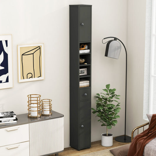 Freestanding Slim Bathroom Cabinet with Drawer and Adjustable Shelves-Gray
