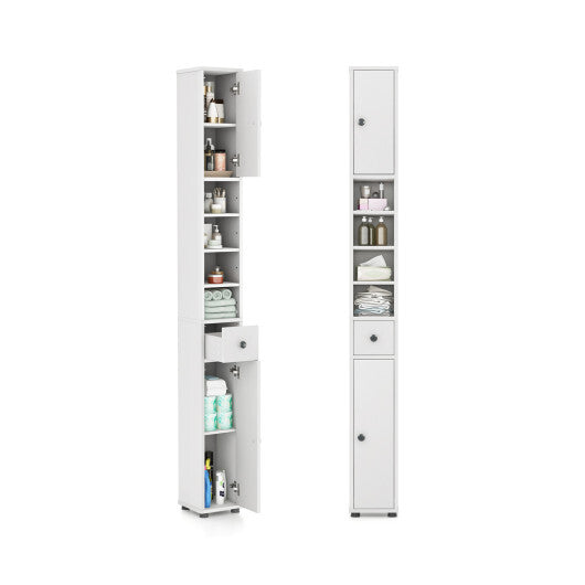 Freestanding Slim Bathroom Cabinet with Drawer and Adjustable Shelves-White