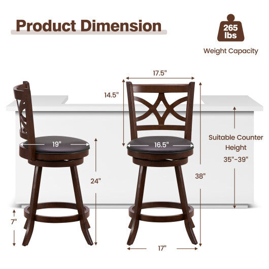 Costway Set of 2 Bar Chairs 360? Swivel with Leather Cushioned Seat and Rubber Wood Frame-24 inch