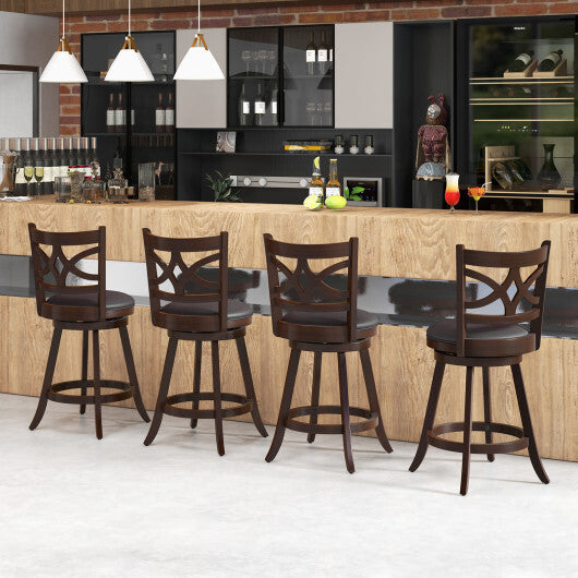 Costway Set of 2 Bar Chairs 360? Swivel with Leather Cushioned Seat and Rubber Wood Frame-24 inch