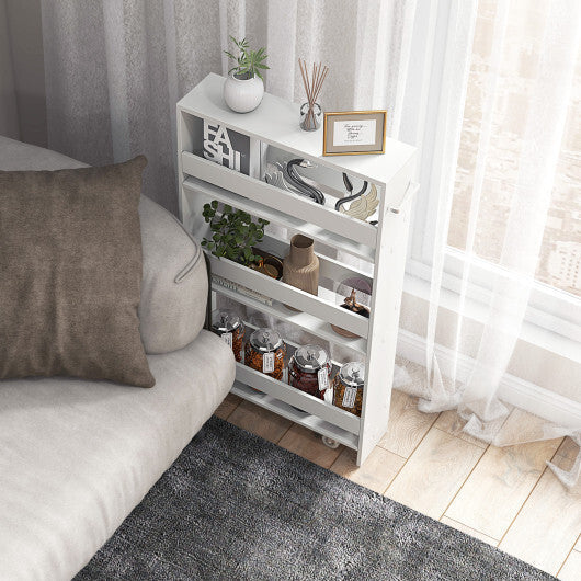 Narrow Mobile Serving Cart with Open Shelves for Kitchen Bathroom Living Room-Off White