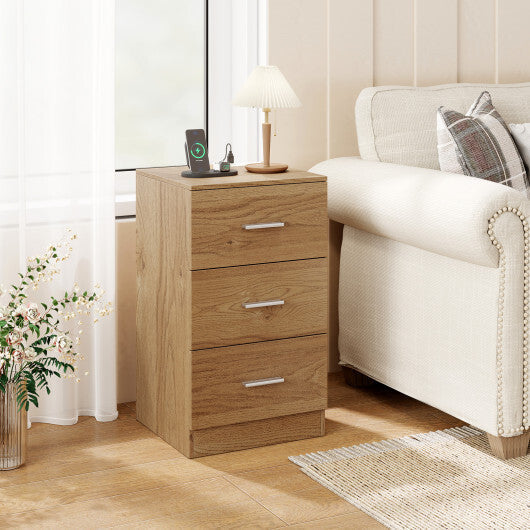 Nightstand with Charging Station End Table with 3 Storage Drawers Bedside Table for Bedroom-Natural