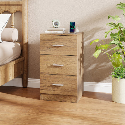 Nightstand with Charging Station End Table with 3 Storage Drawers Bedside Table for Bedroom-Natural