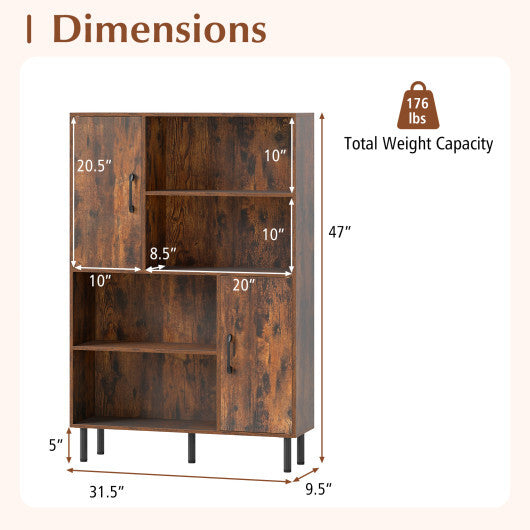47 Inch Storage Cabinet Freestanding Bookcase with 2 Doors and 4 Open Shelves-Rustic Brown