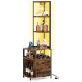 Costway 6-Tier Corner Bar Cabinet with LED Lights and Charging Station for Kitchen-Rustic Brown
