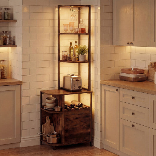 Costway 6-Tier Corner Bar Cabinet with LED Lights and Charging Station for Kitchen-Rustic Brown