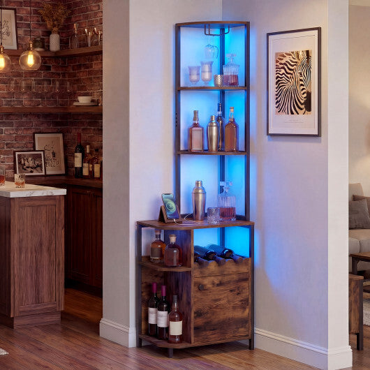 Costway 6-Tier Corner Bar Cabinet with LED Lights and Charging Station for Kitchen-Rustic Brown
