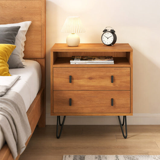 Costway Mid Century Modern 2-Drawer Nightstand with Storage Compartment-Walnut