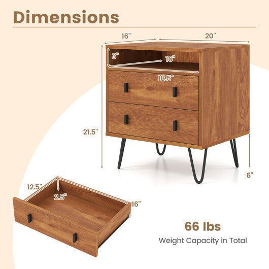 Costway Mid Century Modern 2-Drawer Nightstand with Storage Compartment-Walnut